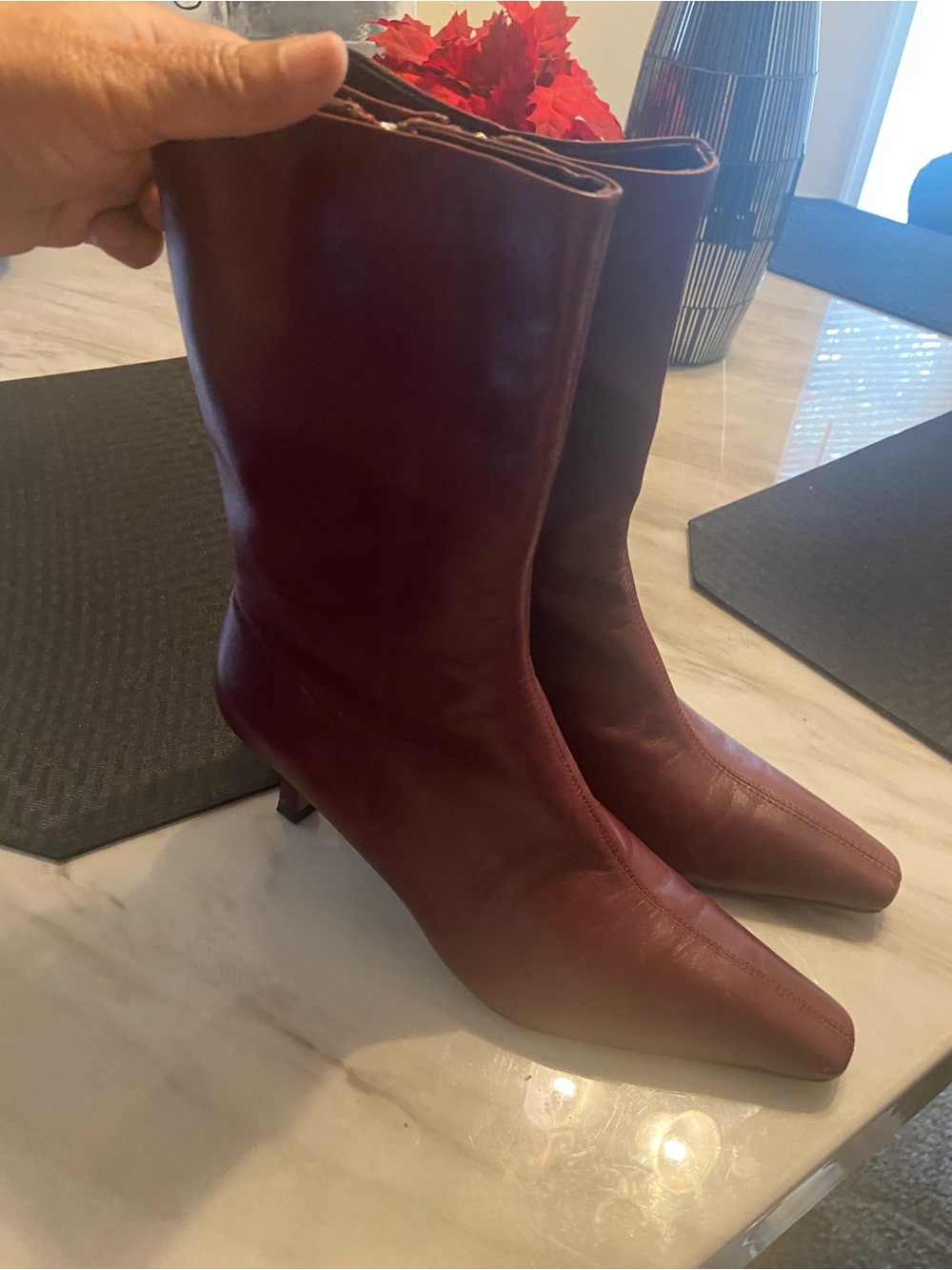 Women's Burgundy Leather Mid-Calf Boots